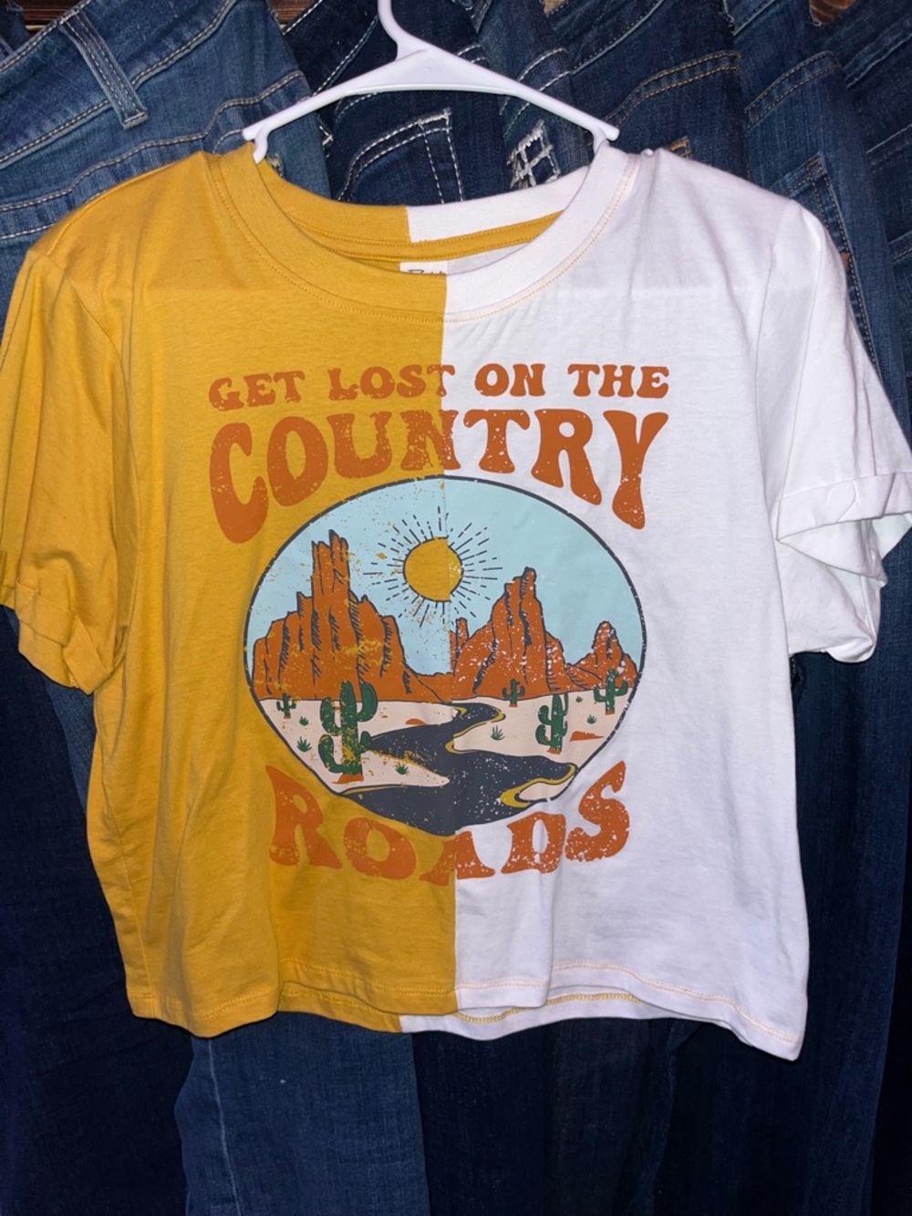 Yellow & White Split Graphic Crop Tee - 'Get Lost on the Country Roads'